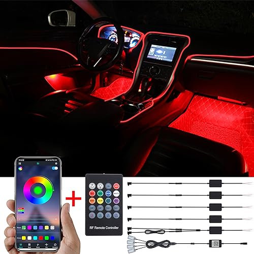 TABEN Kit d'éclairage ambiant de voiture, 8 mètres de fibre optique intégrée multicolore Footwell Éclairage d'ambiance Music Sync Sound Active, télécommande et contrôle d'application Bluetooth 12V-24V