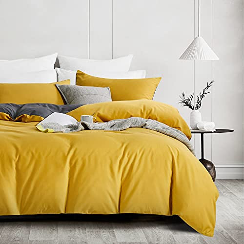 Gezu Bettwäsche, Decke, Bettbezug, 200 x 200 cm, Senfgelb und Grau, Bettwäsche-Set für 2 Personen, wendbar, mit 2 Kopfkissenbezügen 65 x 65 cm, mit Reißverschluss