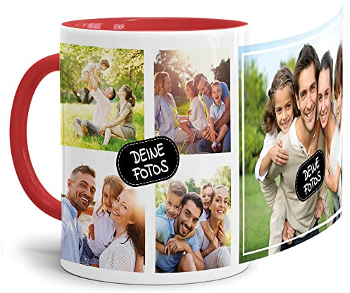 Foto-Tasse zum selbst gestalten mit Foto-Collage für 5 Wunschfotos - Geschenk für Familie, Freunde, Geburtstag, Weihnachten - Keramik Innen & Henkel Rot, 300 ml I Personalisiert