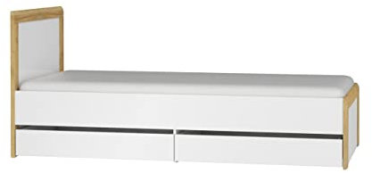 Furniture24 Bett Theo THL-1 Einzelbett 90x200 cm mit 2 Schubladen Weiß Glanz Riviera EicheJugendzimmer Bettgestelle