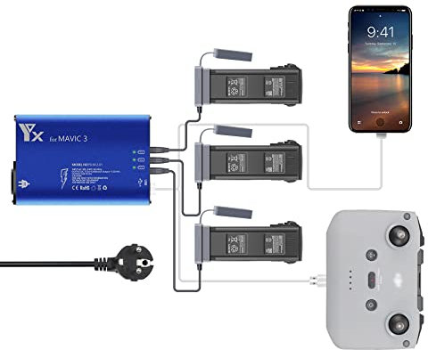 MotuTech 5 in 1 Ladegerät für DJI Mavic 3 / Mavic 3 Cine Akku Ladegerät Hub Ladestation mit 3 Akkus 2 USB für Fernbedienung Telefon (EU-Stecker)