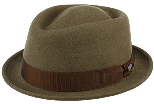 LIERYS Classic Porkpie Wollfilzhut Damen Herren Made in Italy Wasserabweisend Packable Musikerhut Sommer Winter Oliv L (58-59 cm)
