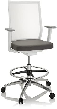 hjh OFFICE 657667 Arbeitsstuhl Aspen Work W Stoff Weiß/Grau ergonomischer Counterstuhl mit Ring-Fußstütze, Netzrücken