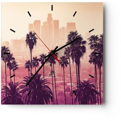 Modern Wanduhr Elche Angeles Palmen 30x30cm Quadrat Klein Wand Uhr Glas Analog Zimmeruhren Küche Büro Wohnzimmer Glasuhr Wall Clock Dekoration Design Wanddekoration Küchenuhr C3AC30x30-4285