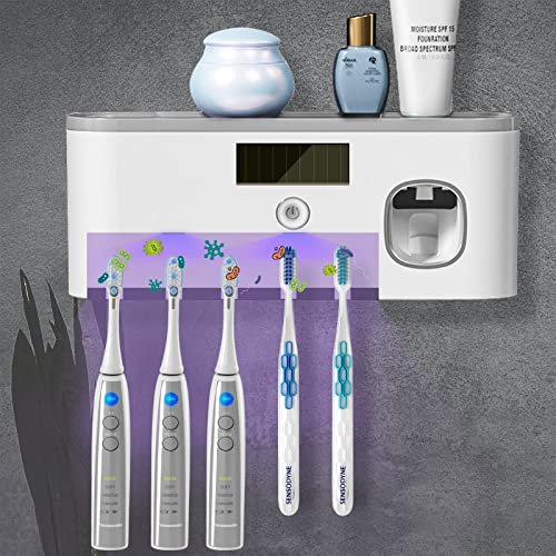 Zahnbürstenhalter Wandmontierter Zahnpastaspender U·V Reiniger 5 Bürstenschlitze Zahnbürstenhalter mit Zahnpastaspender USB Wiederaufladbare Zahnbürstenhalter für Badezimmer