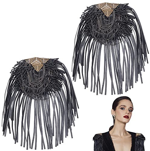 WEBEEDY 2 PCS Cuir Gland Épaulette Punk Cuir Perles Chaîne Épaule Conseil Broche Badge Cristal Épaulette Frange Épaule Badge Strass Applique pour Danse Punk Costume
