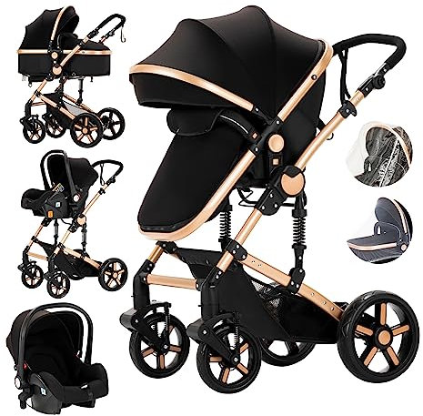 MoLi Kinderwagen 3 in 1, Kinderwagen mit Umkehrbarem Doppelschiebemodus, Buggy mit Großer Bequemer Babywanne, Kombikinderwagen 3 in 1 Rahmen Aluminiumlegierung Faltbar Hohe Landschaft (588 Black Gold)