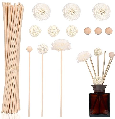 GiReich 50 Stück Aroma Reed Diffuser Sticks, Holz-Stäbchen für Heimwerker, Bambus-Dübel, Rattan-Öl-Diffusor, Holzstäbchen Diffusorstäbchen Rattanstäbchen mit Blumen für Zuhause Büro Hotel