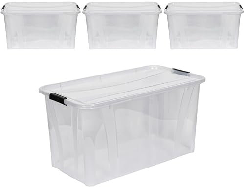 Kreher® XL Aufbewahrungsboxen mit Deckel aus Lebensmittel-geeignetem Kunststoff in Transparent. Stapelbare Lagerboxen für Haushalt, Garage, Industrie (80 Liter, 4er Set)