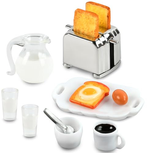 Puppenhaus Lebensmittel Zubehör, Mini Lebensmittel Getränk, Puppenhaus Miniatur Frühstück, Mini Toastmaschine Brot Saft Milch Eier Tassen Teller Löffel Puppenhaus Dekoration Essen Spielzeug