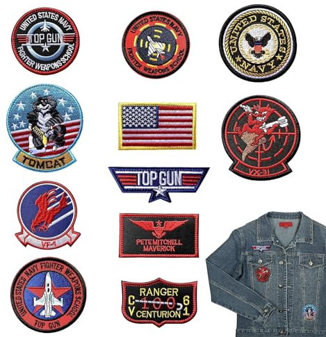 MisFun 11 Stück Top Gun Aufnäher zum Aufbügeln, USA Flagge Maverick Patches Bestickt, Air Force Navy Marine Army Jacke Tactical Military Logo Dekorative Applikation für Kleidung Jacke Jeans Cap