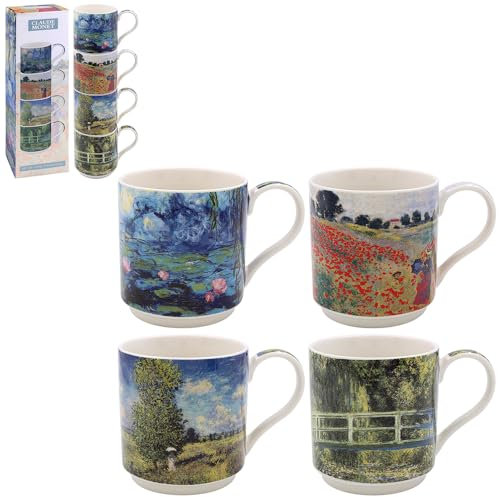 Lesser & Pavey stapelbare Tassen, britisches Design, stapelbare Tassen für alle Küchen, stapelbare Tassen für moderne Küchen mit schönen Designs, 4 Stück (Claude Monet Stacking S4)