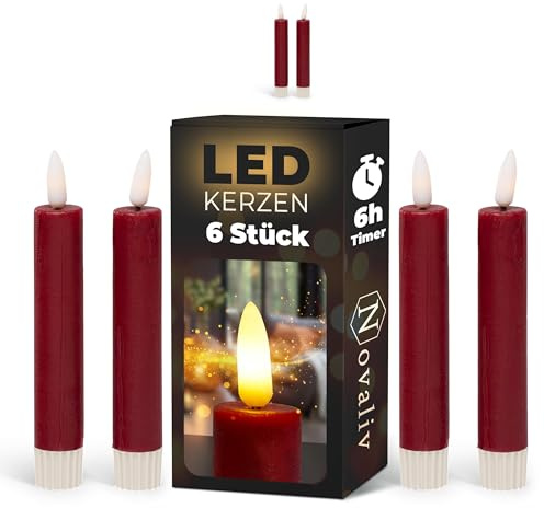 Novaliv Stabkerzen LED mit Timer ROT 6 Stück Indoor 6 Stunden ECHTWACHS 15cm Höhe für Kerzen 2,2cm Durchmesser 2 AAA Batterien notwendig LED Stabkerzen 4er Set 2X bewegliche Flamme Licht