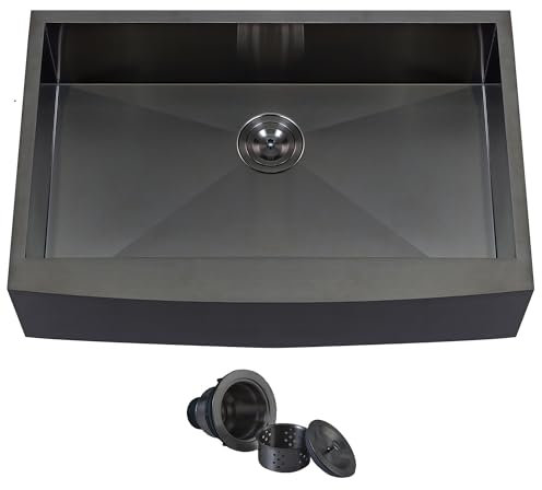 KINGO HOME Black Farmhouse Sink, 33 Inch, 16 Gauge Undermount Single Bowl, 304 Stainless Steel, 9 Inch Deep, Gunmetal Black