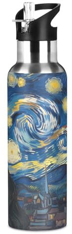 Wzzzsun Art Van Gogh Nuit des Étoiles Isotherme Bouteille d'eau avec Paille, Gourde Sport en Acier Inoxydable 600ML Gourdes sans BPA pour Enfant Garçon Fille École Bureau