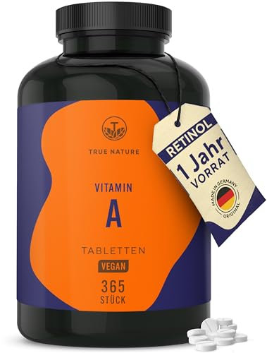 Vitamin A – 365 Tabletten (3.000 µg) – Retinol hochdosiert (10.000 I.E.) – Vit A Kapseln Alternative – Direkt verwertbare Form – Vegan, ohne Zusätze, deutsche Produktion – TRUE NATURE®