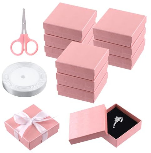 Swpeet 12Pcs Pink 3.5 x 3.5 x 1.2Inch Fan Pattern Cardboard Jewelry Gift Boxes with Scissors and Polyester Ribbon Assortment Kit, Necklace Earring Bracelet Boxes Gift Case for Jewelry Storage