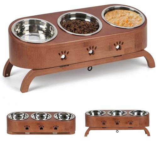 JAZUIHA Lot de 3 gamelles surélevées pour chat - Ergonomiques à 15° - Réglable en hauteur - Avec support - En acier inoxydable - Diamètre : 12 cm - Pour chats et petits chiens