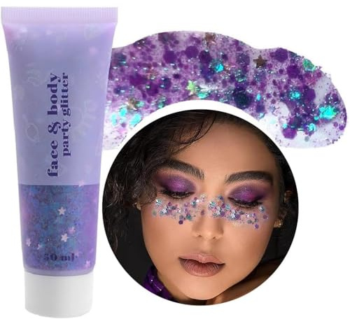 Beliky Girl Body Glitter Gel, 50ml Face Glitters Body Sequins Shimmer Liquid Eyeshadow, Mermaid Sequins Liquid Holographic Glitter Gel, Chunky Glitters for Eye Hair Nail DIY Art(Purple)