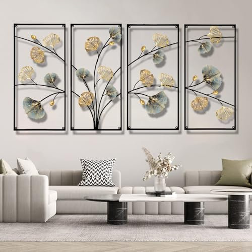 SYLUOQP 4 Stücke Metall Ginkgo Blätter Wanddeko, Moderne 3D Metallbild Wandornament Wandskulptur, Wanddekoration für Wohnzimmer Schlafzimmer Küche Dekoration,175x82cm