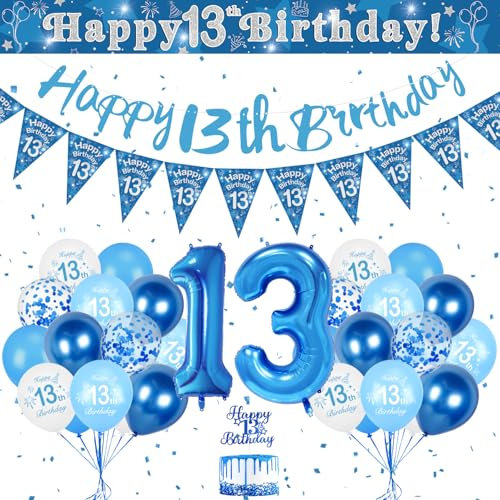 Luftballon 13. Geburtstag Blau, Riesen Folienballon Zahl 13, Happy Birthday Girlande Banner, Geburtstagsdeko 13 Jahre für Jungen