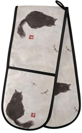 Double Oven Gloves Heat Resistant Chinese Painting Cat Double Oven Mitts Pot Holder Heat Protection Oven Gloves for Home Kitchen Baking Cooking BBQ Microwave