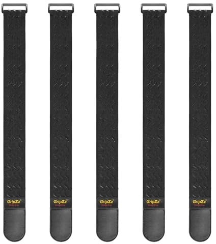 GripZz Bandas Elásticas con Hebilla 46 cm x 5 cm (pack de 5), Correas de Gancho y Bucle Ajustables y Reutilizables para Organizar Cables de Extensión, Mangueras, Bicicletas, Taller y garaje