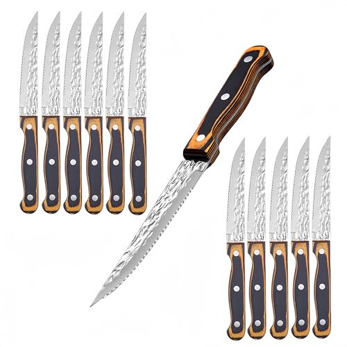 SanheKit Steakmesser-Set, deutscher Edelstahl mit hohem Kohlenstoffgehalt, Geschmiedete, gehämmerte Klinge Holzgriff, Full-Tang-Design (12 pcs set)