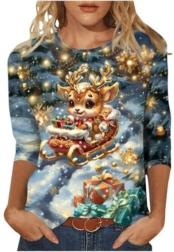 Christmas Top for Women UK Plus Size 3/4 Length Sleeve Womens Tops Christmas Shirts Round Neck Loose Casual Blouses Cute Reindeer Snowman Crow Xmas Tree 3D Print Tshirts Novelty Sweatshirts Pullover