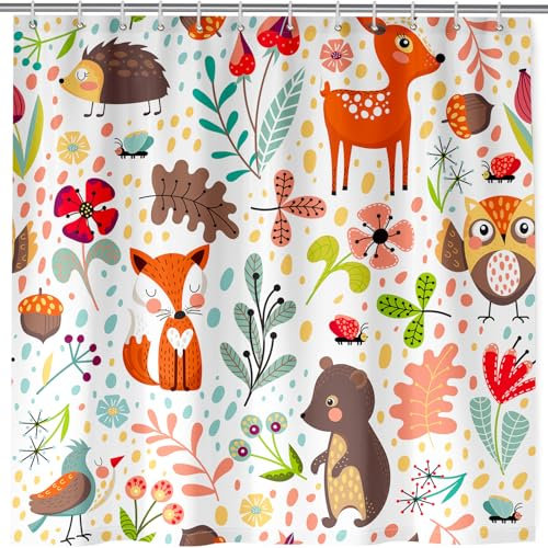 ANHOPE Rideau de Douche Safari Animaux Ours Renard Cerf Anti Moisissure Lavable Imperméable Tissu Polyester Rideaux de Douche avec 12 Crochets pour Salle de Bain Baignoire Famille Hôtel 180 x 200 cm
