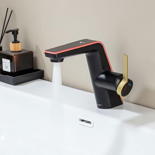 LakeBayMZC Robinet de salle de bain avec affichage de la température LED - Robinet de lavabo en laiton - Mitigeur monocommande pour salle de bain,Avec bec Hauteur : 130 mm - Noir