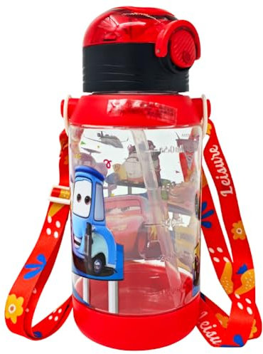 Lightniing Botella de Agua para Niño, 600ML Botella para Beber Botella de Agua Pajita Botella Agua a Prueba de Fugas Botella Reutilizable Botella de Plástico Portátil Pop-up para Niños y Niñas