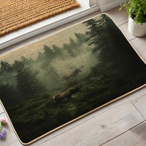 Fußmatte, Waldtiere, dunkelgrüne Elch-Fußmatte für den Innen- und Außenbereich, rustikale Dekoration, rutschfest, wasserdicht, staubabsorbierend, leicht zu reinigen, 73 x 43 cm