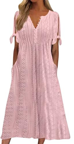Yinguo Summer Dresses for Women UK 2026 Causal V-Neck Button Short Sleeve Vacation Floral Dress with Pockets Ladies Maxi Printing Dress Party Club Elegant Beach Dresses