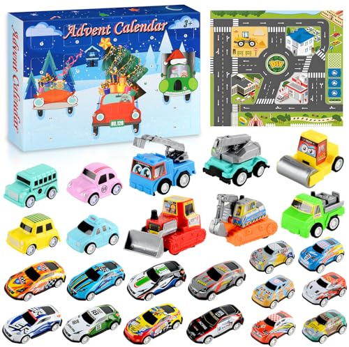 Calendario de Adviento Coches Niño, 24 pcs Juego de Regalo para Mini Coche de Retroceso, Juguetes Calendario Adviento Niños con Tapete de Juego, Ideal para Regalo Sorpresa de Navidad Cuenta Atrás