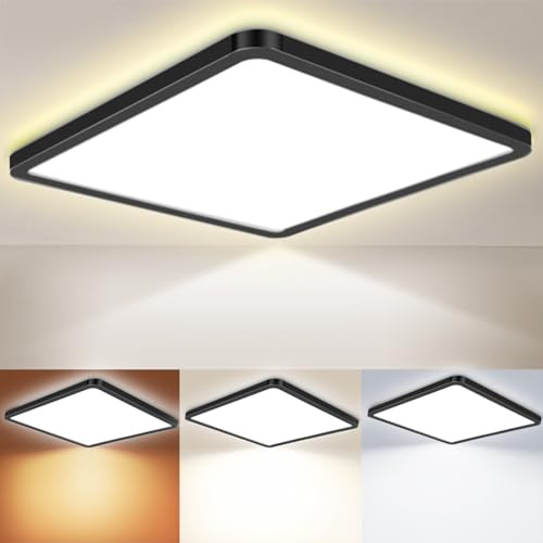 Fynokst LED Deckenleuchte 24W 6000K/4000K/3000K, 3200LM IP54 Ultra Dünn Deckenlampe, Flach Quadrat Modern Badezimmer Lampe Küchenlampe für Flur Schlafzimmer Balkon Wohnzimmer Ø30CM, Schwarz 1Stücke