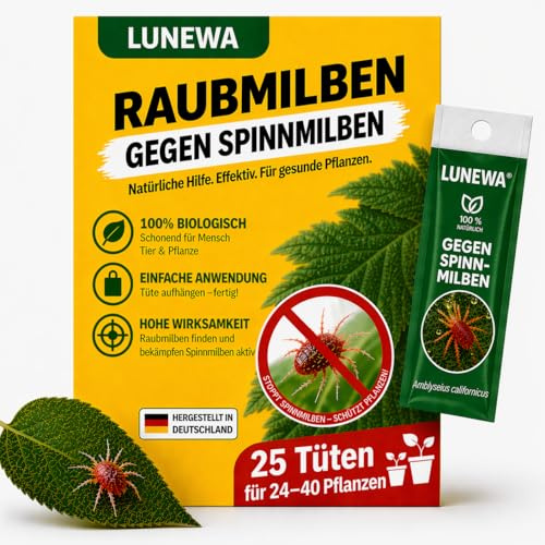 LUNEWA® – Raubmilben gegen Spinnmilben bei Gemüse-, Zier- & Nutzpflanzen - 25 Tüten für 25-40 Pflanzen - zur biologischen Bekämpfung von Spinnmilben - 100% Chemiefrei - Amblyseius Californicus