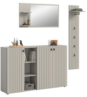 xonox.home – 3-TLG. Garderobenkombination Station 201x192x37 cm in Kaschmir – Garderoben-Set mit Schuhkommode, Spiegel und Paneel – viel Stauraum für den Eingangsbereich