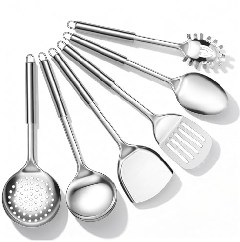 Joyfair Küchenutensilien Set, 6 Stück Edelstahl Küchenhelfer Kochbesteck Set, Hitzebeständig Kochutensilien mit Pfannenwender, Schlitzwender, Schaumlöffel, Suppenkelle, Rostfrei & Spülmaschinenfest