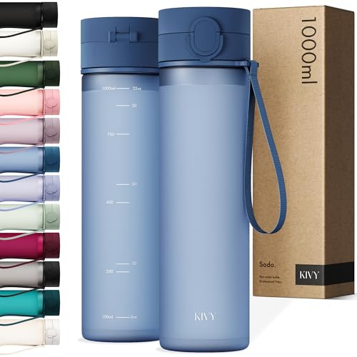 KIVY Gourde Tritan avec Bouchon 1L [ÉTANCHE & LAVABLE AU LAVE-VAISELLE] - Sans BPA & Anti-Fuite - Compatible avec les Boissons Gazeuses - Bouteille d’Eau pour Sport, Bureau et Loisirs - Bleu