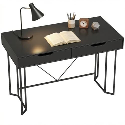 HOMCOM Schreibtisch mit 2 Schubladen Metallgestell 120x60x77 cm Schwarz | Computertisch, Bürotisch im Modern-Design, für Arbeitszimmer Schlafzimmer Home Office
