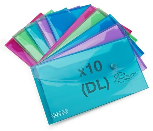 Rapesco 1844 ECO Recycled Popper Wallets, DL, Pack of 10 | Assorted Transparent Colours