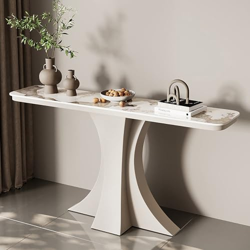 FIEUOGA Table Console pour Entrée, Table Canapé Demi-Cercle Décorative, Table d’Entrée Étroite Effet Marbre Moderne avec Cadre Métallique Géométrique pour Salon, Couloir, Chambre(White d,L80CM/31IN)