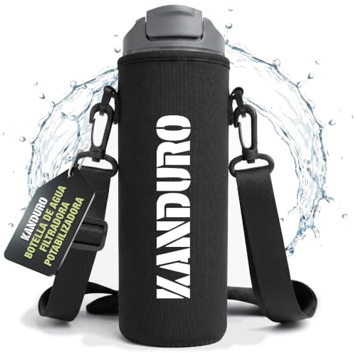 Botella con Filtro Purificador de Agua por Prensado Manual | Elimina 99,9% bacterias y microplásticos; incluye funda neopreno; diseño patentado; sin pilas; ideal montaña y supervivencia