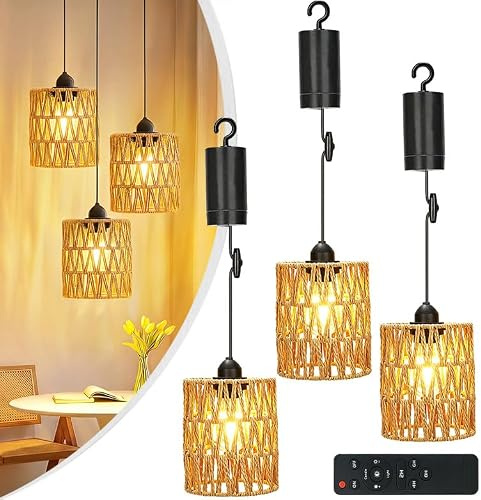 3 Pack Rattan Pendant Lights,Battery Operated Pendant Light for Dining Room | with Remote Control Outdoor Boho Lampshade Woven Rattan Hanging Lighting for Bedroom/Gazebo/Garden/Patio Decor-Energy Class E