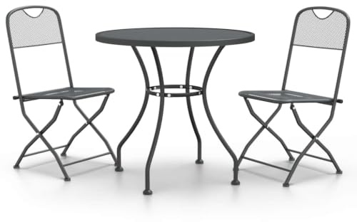 HFXHIJXQ 3-TLG. Garten-Essgruppe aus Streckmetall Anthrazit, Balkonset mit 1 runden Gartentisch Ø 80 cm und 2 klappbaren Stühlen, Bistroset für Terrasse, Balkon und Garten