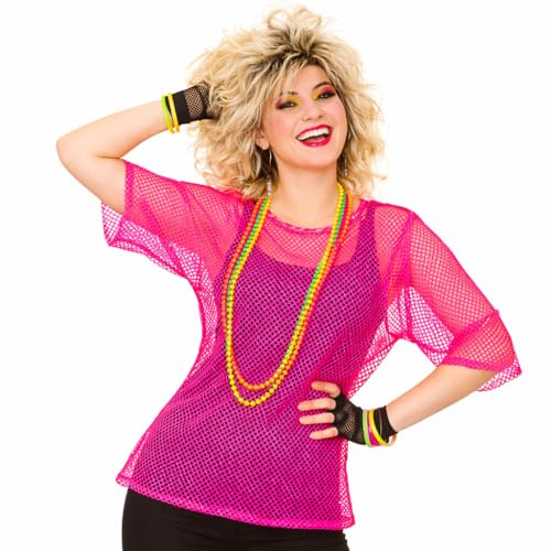 Wicked Costumes Adult Unisex 80s Mesh Top Fancy Dress – Neon Pink Fishnet Shirt Retro Disco Party Festival Outfit - Plus Size (UK 12-16)