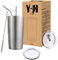 Y·J&H 20oz (550ml) Doppelwandig Vakuum Isolierter Autobecher, Edelstahl Reiseflasche, Thermobecher Kaffee to Go mit 2 Spritzfestem Deckel 2 Strohhalm, Rohrbürste,BPA Free - Silber