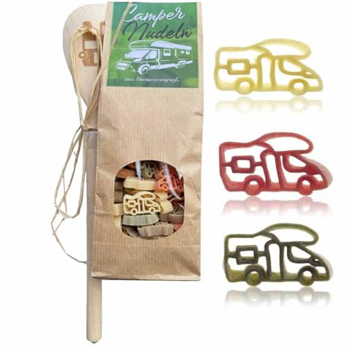 Wohnmobil-Nudeln Mit Wohnmobil-Holzlöffel | Camper-Nudeln aus Hartweizengrieß 225 g | Holzlöffel mit Wohnmobil-Gravur