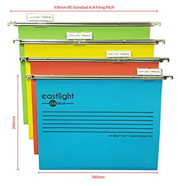 Eastlight Premium Filing Cabinet A4 Suspension Files [ Pack 25 ] with Tabs and Inserts 100% Recycled Manilla. Made in The UK, **Please Check Size Required **